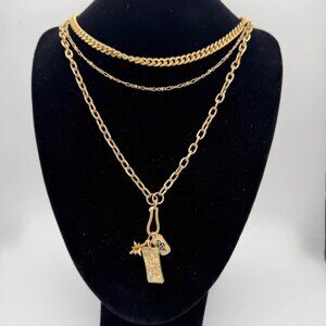 Semi-Precious Stone & Rectangular Charm Layered-Worn Gold-195994781971